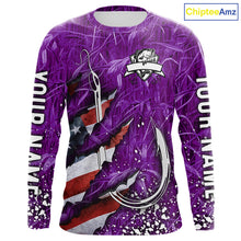 Load image into Gallery viewer, American flag fish hook purple camo custom sun protection performance long sleeve fishing shirt NQS10013
