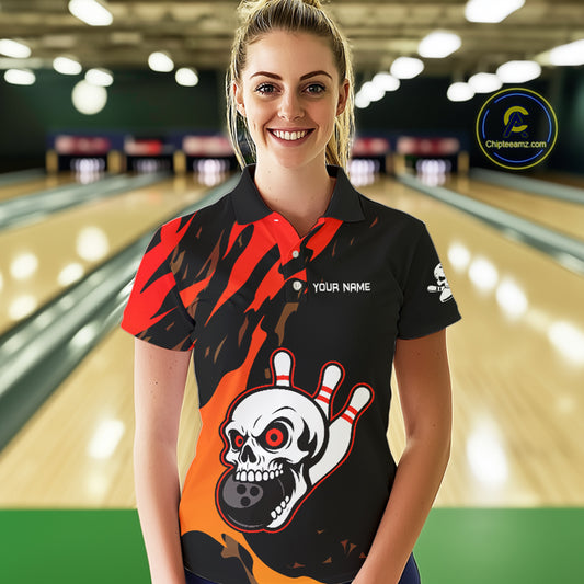 Black and Red Skull Bowling Shirts for Women Custom Team bowling jersey, gift for bowlers NQS10014