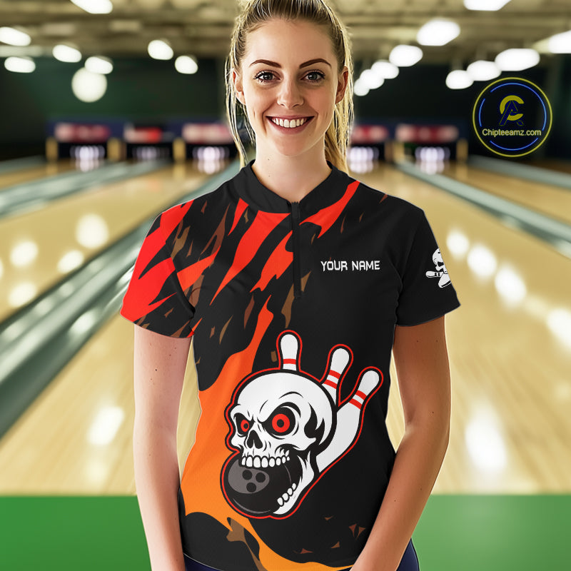 Black and Red Skull Bowling Shirts for Women Custom Team bowling jersey, gift for bowlers NQS10014