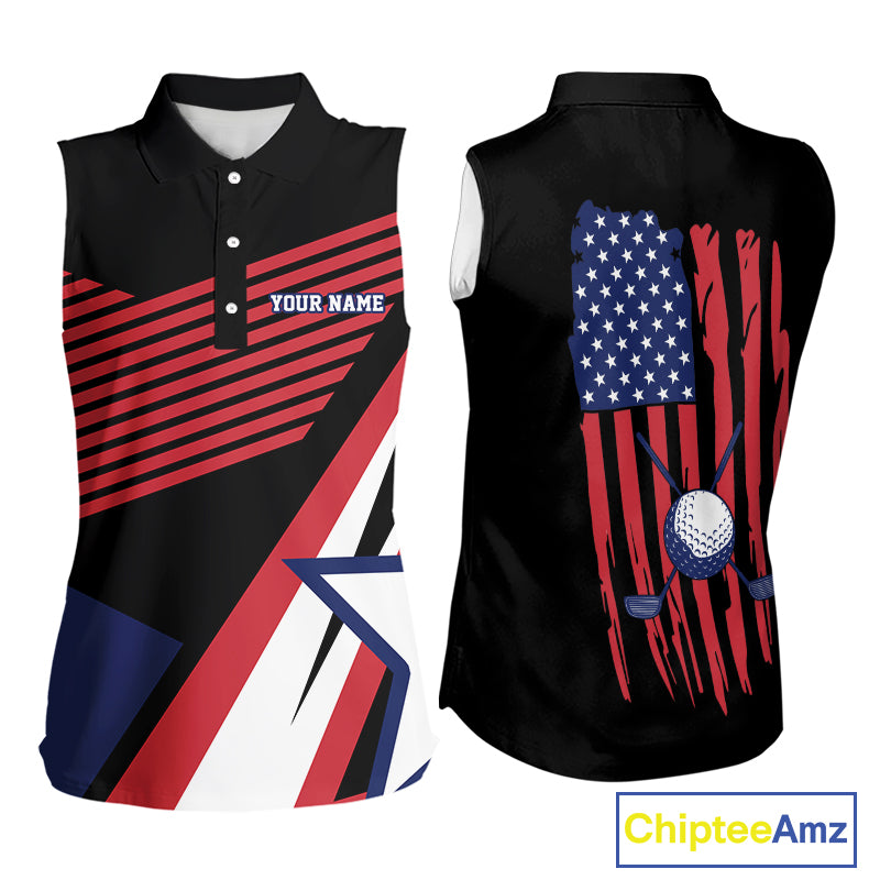 American Flag Golf Sleeveless polo shirts custom patriotic golf top for women, golfing gifts | Black NQS10016