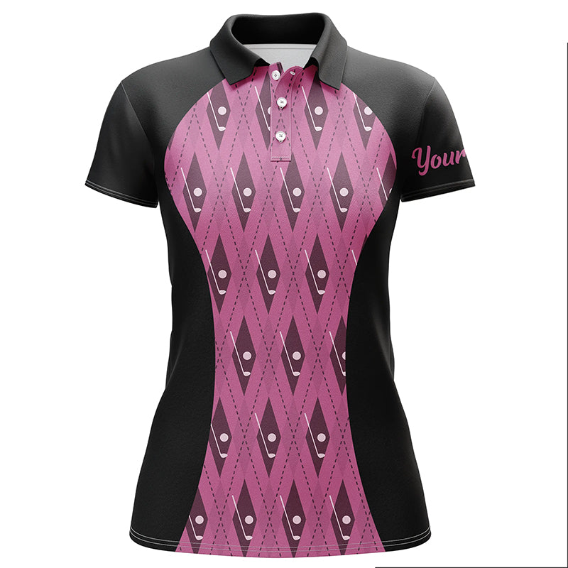 Women golf polo shirt custom black and pink argyle pattern golf clubs ladies golf tops NQS5815