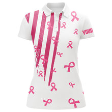 Load image into Gallery viewer, Personalized white golf polos shirt for women pink ribbon breast cancer awareness ladies golf tops NQS7913