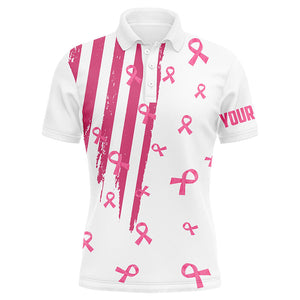 Personalized white golf polos shirt for men pink ribbon breast cancer awareness mens golf top NQS7913