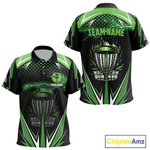 Black Kid disc golf polo shirts custom green fire lightning team disc golf jersey, unique golf gift NQS10172