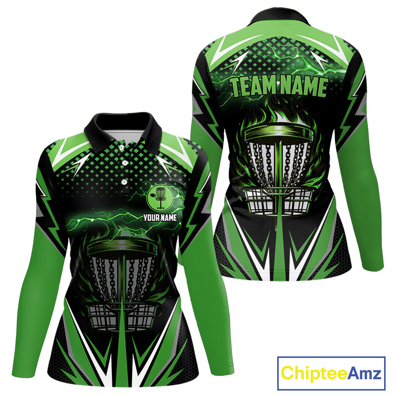 Black Women disc golf polo shirts custom green fire lightning team disc golf jersey, unique golf gift NQS10172