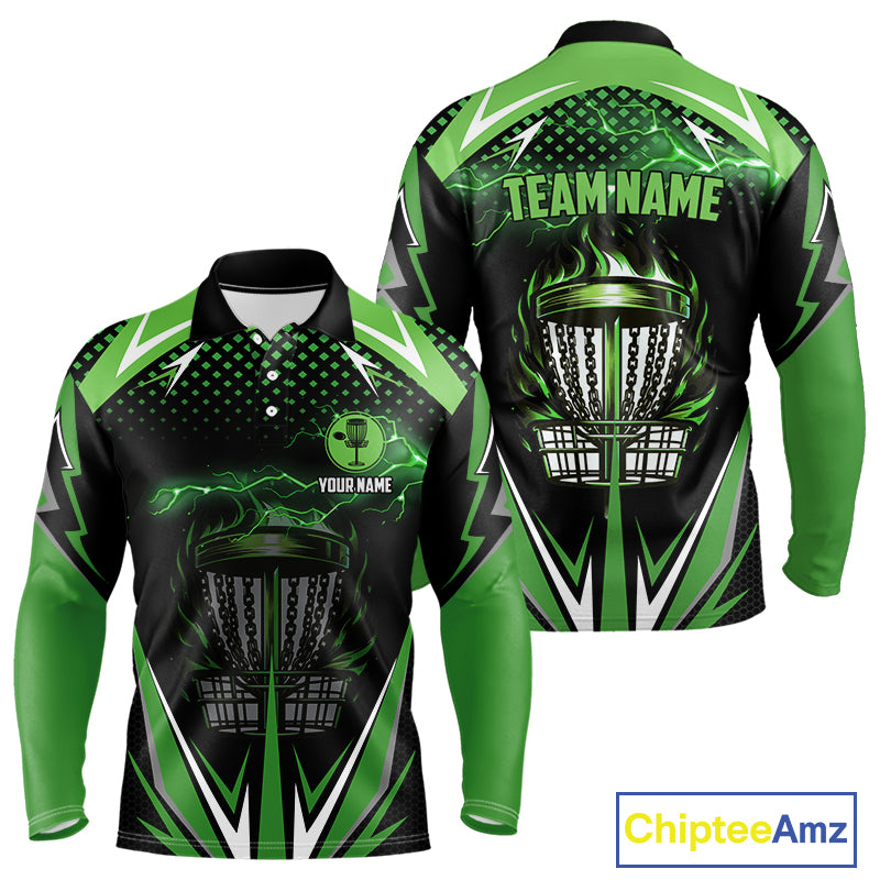 Black Mens disc golf polo shirts custom green fire lightning team disc golf jersey, unique golf gifts NQS10172