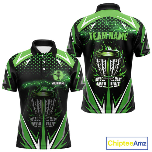 Black Mens disc golf polo shirts custom green fire lightning team disc golf jersey, unique golf gifts NQS10172