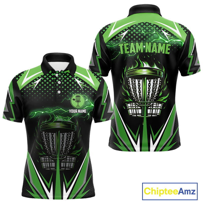 Black Mens disc golf polo shirts custom green fire lightning team disc golf jersey, unique golf gifts NQS10172
