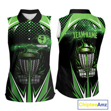 Load image into Gallery viewer, Black Women disc golf sleeveless polo shirt custom green fire lightning team disc golf jersey NQS10172