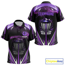 Load image into Gallery viewer, Black Kid disc golf polo shirts custom purple fire lightning team disc golf jersey, unique golf gift NQS10173