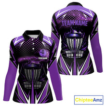 Load image into Gallery viewer, Black Women disc golf polo shirt custom purple fire lightning team disc golf jersey, unique golf gift NQS10173