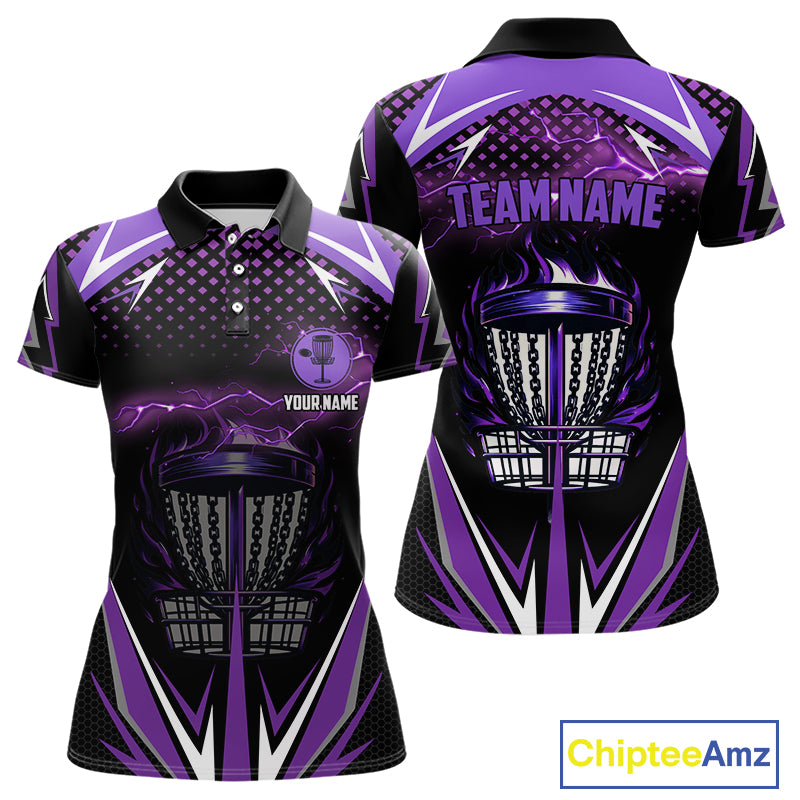 Black Women disc golf polo shirt custom purple fire lightning team disc golf jersey, unique golf gift NQS10173
