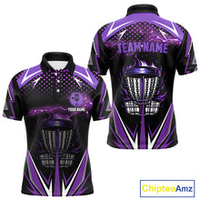 Load image into Gallery viewer, Black Mens disc golf polo shirts custom purple fire lightning team disc golf jersey, unique golf gift NQS10173