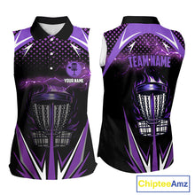 Load image into Gallery viewer, Black Women disc golf sleeveless polo shirt custom purple fire lightning team disc golf jersey NQS10173