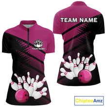Load image into Gallery viewer, Black and Pink Bowling Polo, Quarter Zip shirts for Women Custom name bowling team league jerseys NQS10177