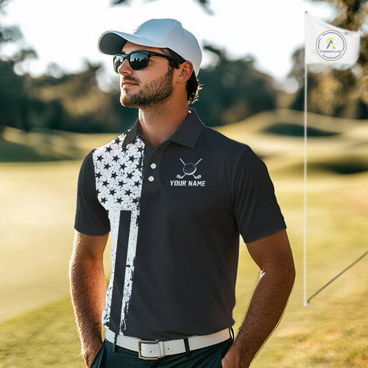 Black and White American Flag Mens golf polo shirts Custom name patriotic team golf uniform NQS10018