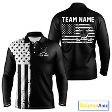 Load image into Gallery viewer, Black and White American Flag Mens golf polo shirts Custom name patriotic team golf uniform NQS10018