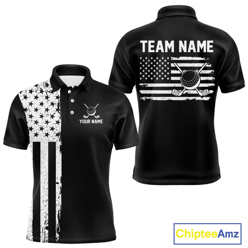 Black and White American Flag Mens golf polo shirts Custom name patriotic team golf uniform NQS10018