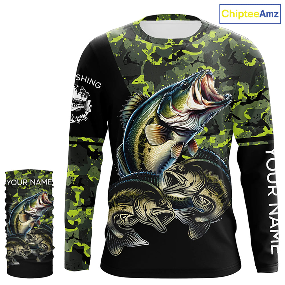 Bass fishing black green camo personalized custom sun protection long sleeve fishing shirts NQS3820