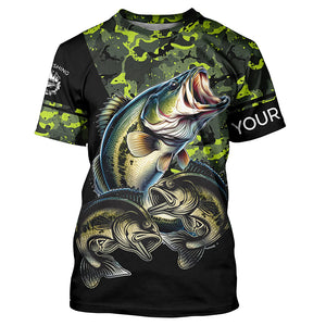 Bass fishing black green camo personalized custom sun protection long sleeve fishing shirts NQS3820