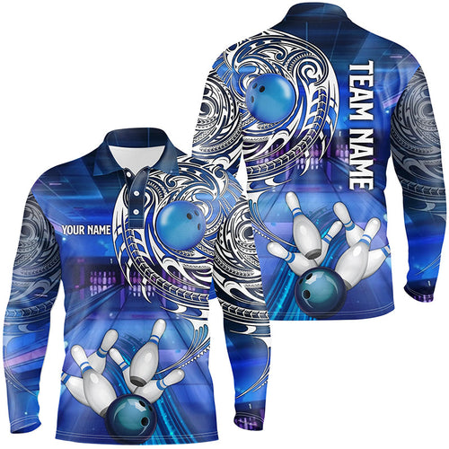 Personalized Blue tribal pattern custom bowling Polo, 1/4 zip shirts for men, cool bowling jerseys NQS8339