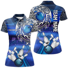 Load image into Gallery viewer, Personalized Blue tribal pattern custom bowling Polo, 1/4 zip shirts for Women, cool bowling jerseys NQS8339