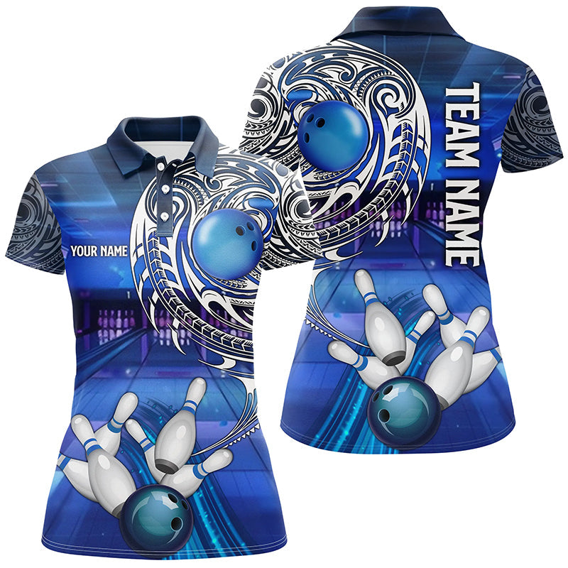 Personalized Blue tribal pattern custom bowling Polo, 1/4 zip shirts for Women, cool bowling jerseys NQS8339