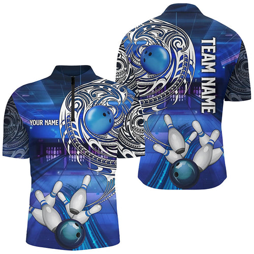 Personalized Blue tribal pattern custom bowling Polo, 1/4 zip shirts for men, cool bowling jerseys NQS8339