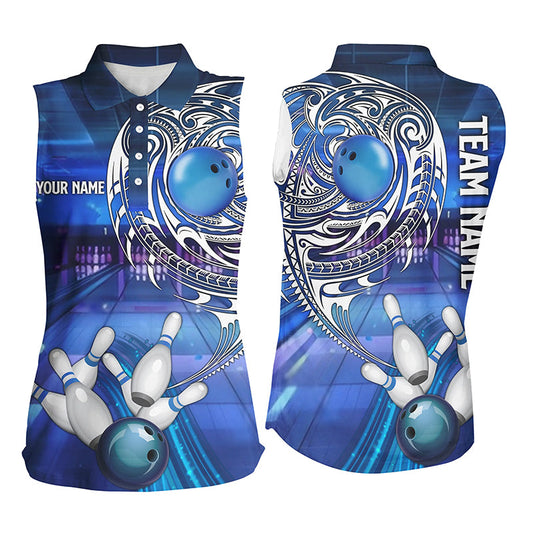 Personalized Blue tribal pattern custom women bowling sleeveless polo shirts, cool bowling jerseys NQS8339