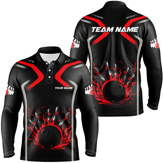 Personalized Red & Black Flame Bowling ball pins custom bowling shirts for Men, cool bowling jerseys NQS8341