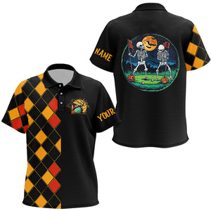 Funny Kid golf polo shirts custom black and orange argyle pattern Halloween skull golf tops NQS8555