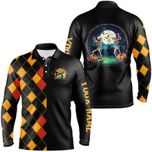 Load image into Gallery viewer, Funny Mens golf polo shirts custom black and orange argyle pattern Halloween skull golf tops NQS8555