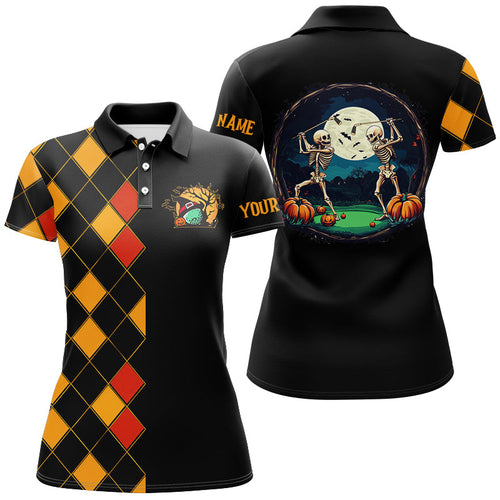 Funny Womens golf polo shirts custom black and orange argyle pattern Halloween skull golf tops NQS8555