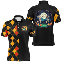 Load image into Gallery viewer, Funny Mens golf polo shirts custom black and orange argyle pattern Halloween skull golf tops NQS8555