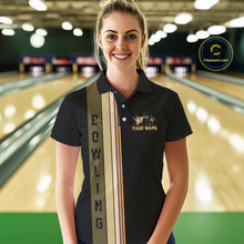 Load image into Gallery viewer, Black and Retro Bowling Polo, Quarter Zip Shirts for Women Custom Team Bowling League Jerseys NQS10745