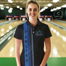 Load image into Gallery viewer, Black and Blue Retro Bowling Polo, Quarter Zip Shirts for Women Custom Team Bowling League Jerseys NQS10746
