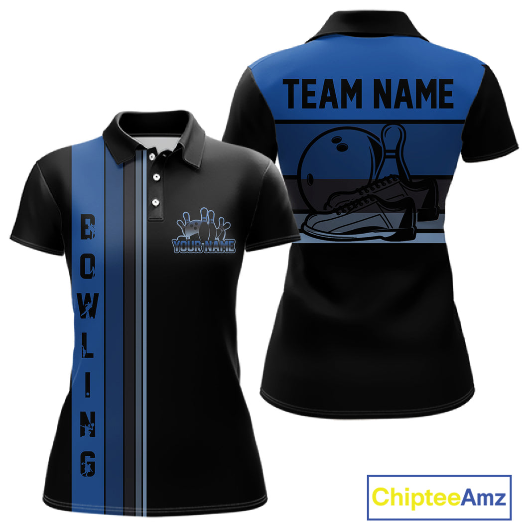 Black and Blue Retro Bowling Polo, Quarter Zip Shirts for Women Custom Team Bowling League Jerseys NQS10746