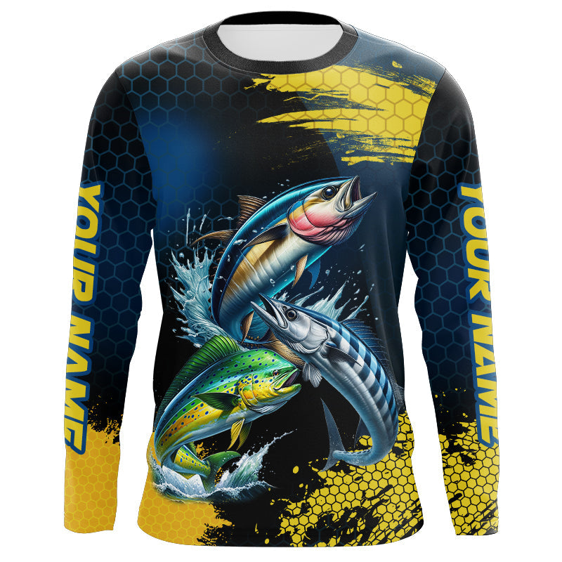 Blue and Yellow Camo Mahi Mahi ( Dorado), Wahoo, Tuna fishing custom saltwater fishing jerseys NQS9036