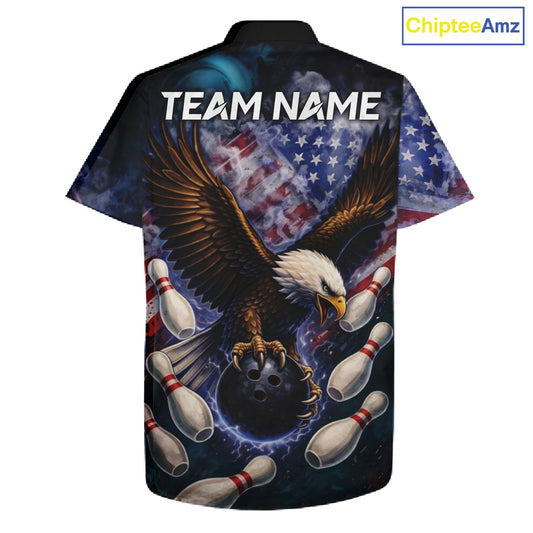 Smoke American Flag Eagle Bowling Hawaiian shirt Custom patriotic Eagle bowling uniforms Team Jersey NQS11540