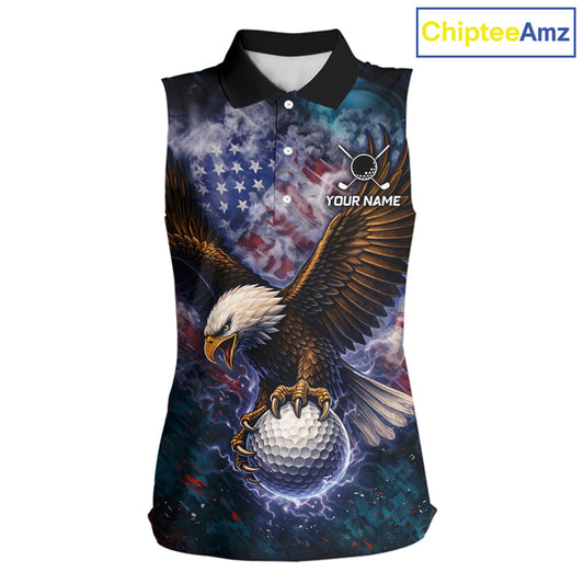 Smoke American Flag Eagle Womens sleeveless golf polo shirt Custom patriotic golf outfit ladies NQS11541