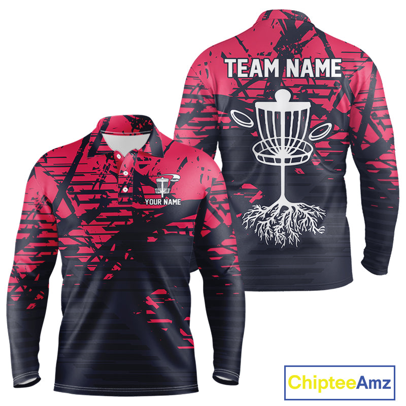 Pink and navy Camo Mens Disc golf polo shirts Custom team disc golf apparel NQS10020
