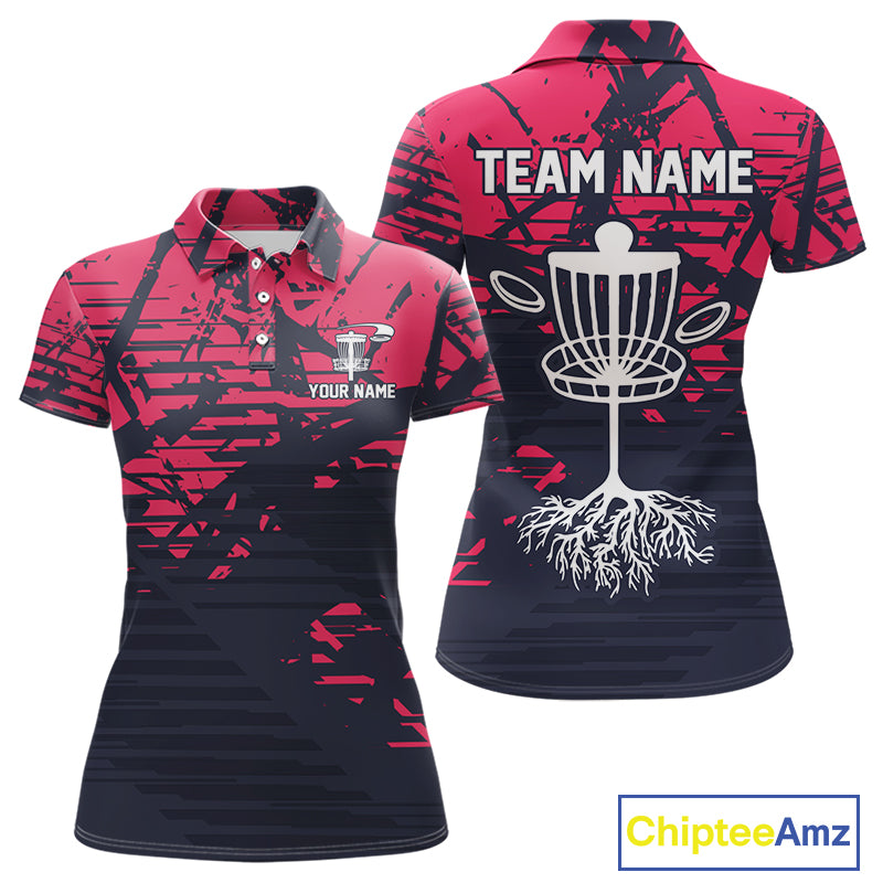 Pink and navy Camo Women Disc golf polo shirts Custom team disc golf apparel NQS10020