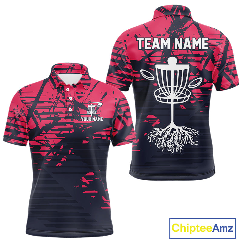 Pink and navy Camo Mens Disc golf polo shirts Custom team disc golf apparel NQS10020