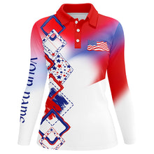 Load image into Gallery viewer, Womens golf polo shirt custom name red, white and blue American Flag golf shirt, patriot golfing gifts NQS7918