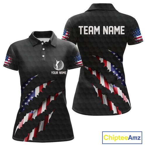 Personalized American Flag Women golf polo shirt, Custom Patriotic Golf Team Shirts For ladies| Black NQS10178