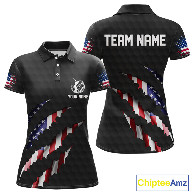 Personalized American Flag Women golf polo shirt, Custom Patriotic Golf Team Shirts For ladies| Black NQS10178