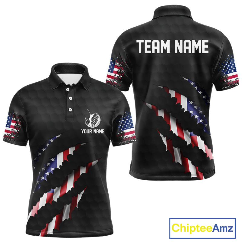 Personalized American Flag Men golf polo shirts, Custom Patriotic Golf Team Shirts For men | Black NQS10178