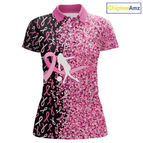 Pink glitter ribbon black Bowling Shirts For Women Custom Breast cancer bowling shirt gift for bowler NQS10180