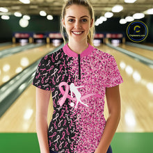Load image into Gallery viewer, Pink glitter ribbon black Bowling Shirts For Women Custom Breast cancer bowling shirt gift for bowler NQS10180