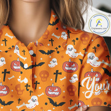 Load image into Gallery viewer, Personalized funny orange Halloween pattern Women golf polo shirts best ladies golf wears NQS10314